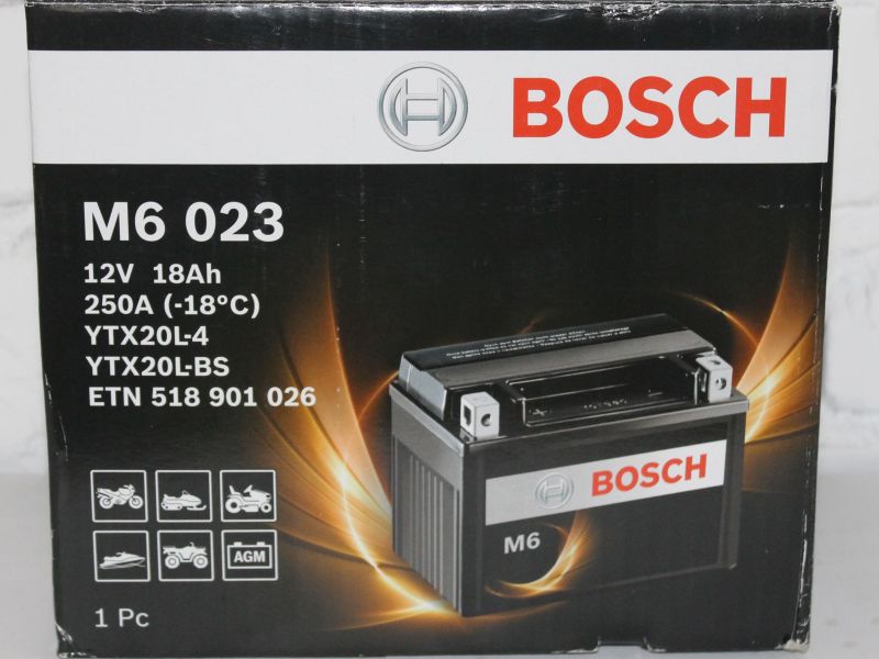 Аккумулятор BOSCH M6 023 YTX20L-BS YTX20L-4 оригинал (арт. 0092M60230), аналог 31500-MCA-003P, 31500MCA003P, 31500-HN8-761, 31500-MCA-000, 31500-MCA-003, 31500-MCA-700, 31500-MCA-701, 31500-MCA-B32, 31500-MCA-B51, 31500HN8761, 31500MCA000, 31500MCA003